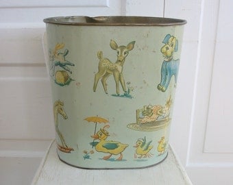 Vintage Nursery Trash Can, Metal Trash Can, Child Trash Can, Deer Waste Basket, Animals Giraffe Waste Basket