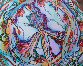 Peace Art, Hippie Art, Singleton hippie Art, Original painting, drawing, peace sign, dragonfly, hippie decor, peace painting, trippy art