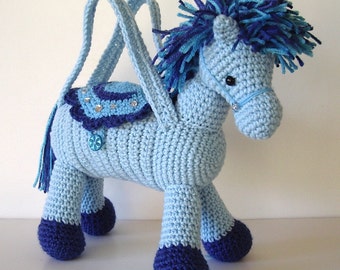 Crochet Pony Horse Purse Light Blue with Multicolor Blue Mane Tail for Girls
