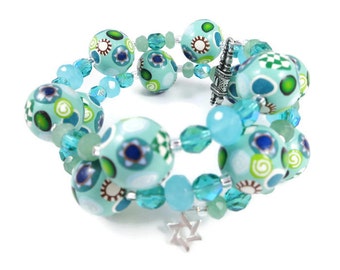 Jewish Memory Wire Bracelet One Size Fits All Wrap Around Polymer Clay Star of David Canework Bat Mitzvah Gift Judaica