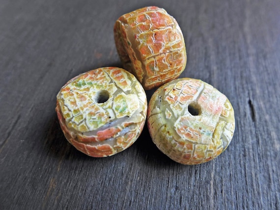 Citrus polymer clay art beads- three (3) large wheel handmade artisan crackle beads in bright yellow and orange by fancifuldevices