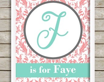 Coral Turquoise Baby Girl Nursery Decor, Custom Name Print, Baby Nursery Wall Art, Personalized Baby Wall Decor, Coral Teal Kids Wall Art