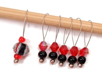 Beaded Stitch Markers Snag Free Red Black Snagless DIY Knitting Supplies Gift for Knitter Goth Skull