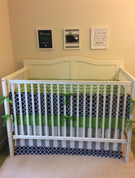 Baby Boy Crib Bedding Navy Blue and Green Quatrefoil Bumper