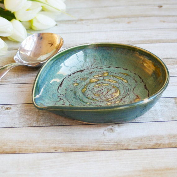 Large Rustic Spoon Rest in Textured Green Glaze Pottery Dish