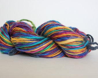 Ready to ship / Rainbow Handspun Yarn Gently Thick and Thin Worsted YARN 50/50 Super wash Merino / Tussah Silk Top 4.30oz