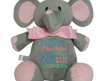 Personalized Pink Elephant Baby Gift, Custom Embroidery, Birth Stats, Plush Animal, Child Keepsake & Toy