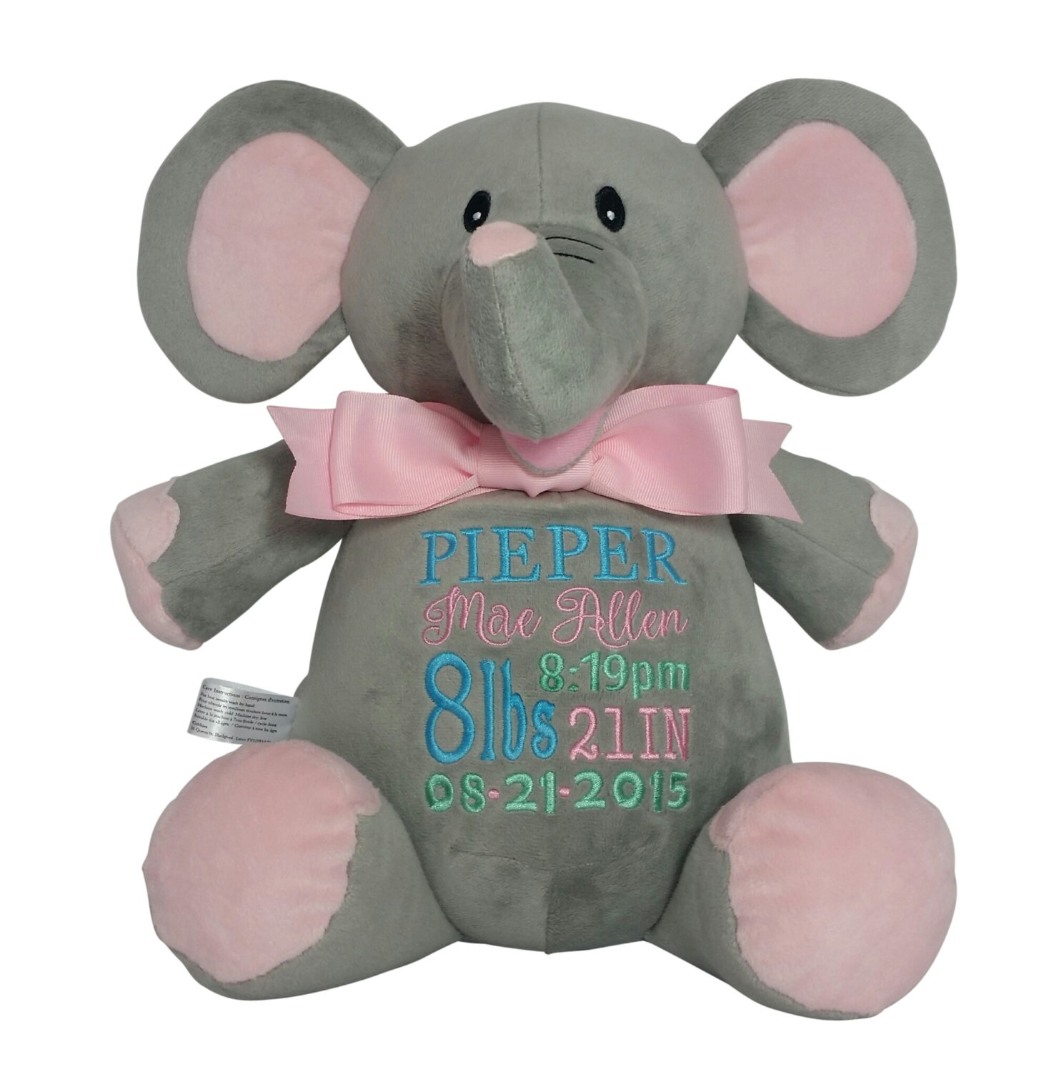 Personalized Pink Elephant Baby Gift Custom Embroidery Birth