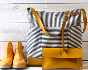 BEST SELLER Diaper bag / Messenger bag Stockholm Black geometric nautical striped Leather / Ikabags Featured on The Martha Stewart F1