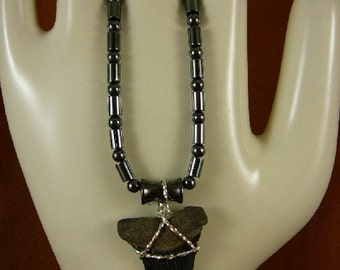 1-1/2 inch Fossil MAKO Shark Tooth Teeth pendant black hematite bead 20" necklace JEWELRY silver wired S688-14