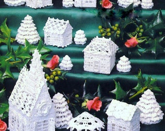 INSTANT DOWNLOAD PDF Vintage Crochet Pattern White Christmas Village Christmas Decorations Church Cottage