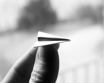 origami - large paper airplane in sterling silver - handmade - long chain- signed