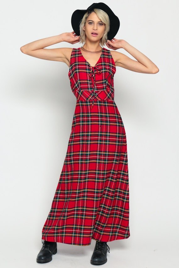 plaid maxi dress 70s mod maxi tartan print lace up waist plaid maxi dress 70s mod maxi tartan print lace up waist