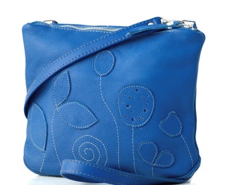 Botanist Messenger, women floral crossbody purse, everyday bag, blue leather messenger bag, womens leather messenger, spring fashion