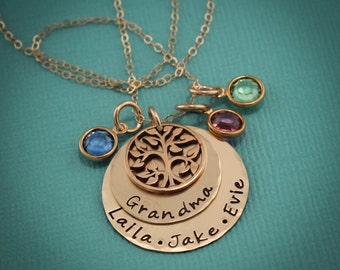 Gold Personalized Grandmother Necklace with Grandchildren Birthstone Grandma Gift Hand Stamped Jewelry Tree of Life Necklace 14K Gold Filled