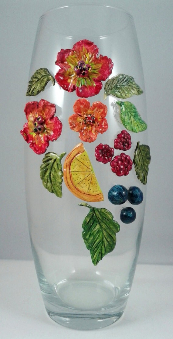 Items similar to Unique Glass Vase with Hand Sculpted and Painted