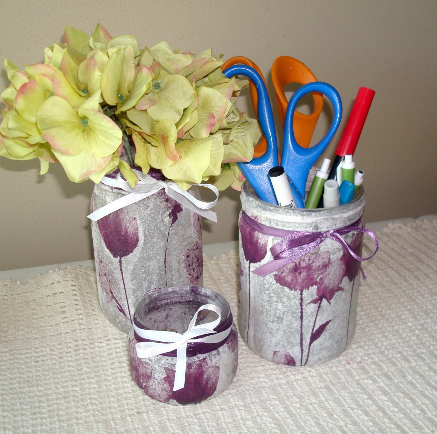 Purple Floral Desk Accessories Glass Jar Pencil Holder