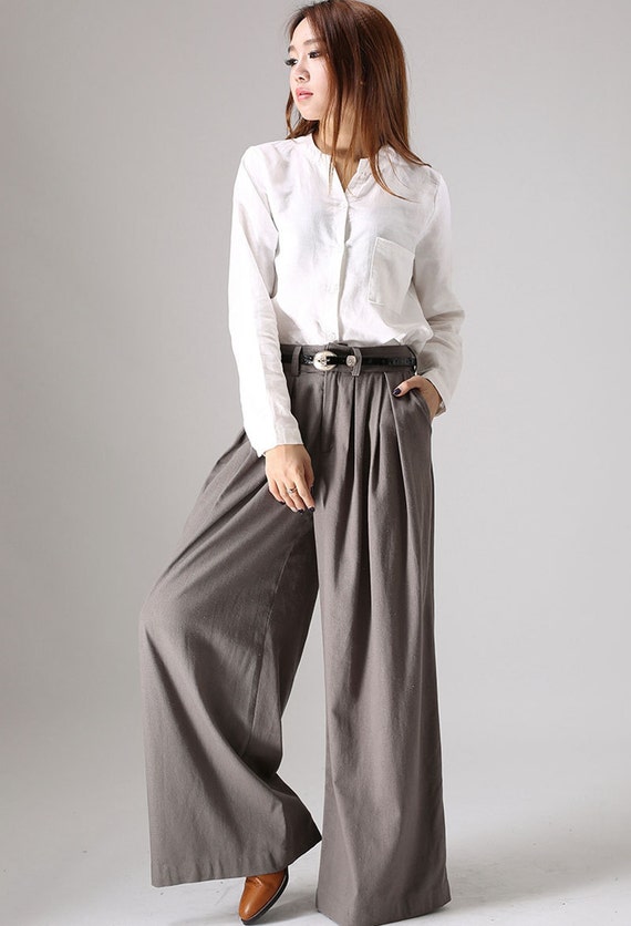 Grey wide leg pants women long Linen Pants with pleated