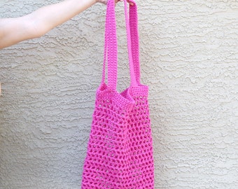 Cotton crochet tote hot pink farmers market bag cotton beach bag summer festivals tote avoska reusable bag boho bohemian bag gift for her