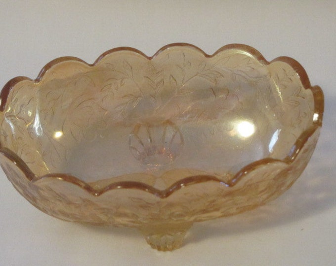 Marigold Amber Carnival Glass Footed Soap Trinket Oval Bowl Bonbon Dish, Carnival Glass Candy Dish, Amber Candy Dish, Marigold Glass Bowl