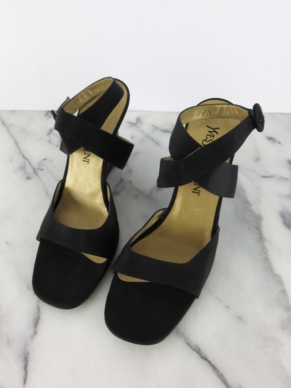 Vintage YSL Yves Saint Laurent Black Strappy Wedges NEW Unworn