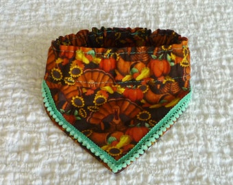 Dog Bandana, Dog Scrunchie, Turkeys & Flowers Fancy Bandanchy with aqua pom pom trim - Size S: 12" to 14" neck - LaSt OnE IN THiS FaBriC