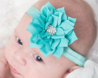 teal lotus flower headband, white elastic headband, baby headband, toddler headband, girl headband, girl birthday gift, newborn headband