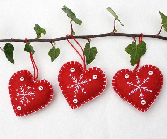 Felt Christmas Heart ornaments Handmade red and white