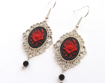 Silver Gothic Rose Earrings, Victorian Earrings, Black and Red Rose Earrings, Black Rose Cameo, Choose Plated, Surgical or Sterling Wires