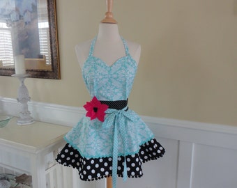 Pretty Blue Damask "Sadie Style" Womens Full Apron - 4RetroSisters