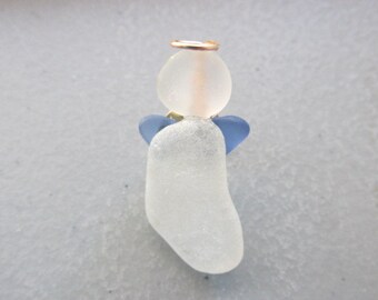 Blue White Angel Brooch - Beach Glass Angel Pin Jewelry - Sea Glass Angel - Gift for Her