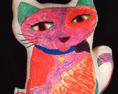 Calico Cat Plush Mini Pillow - Kids Artwork Decorative Pillow - Cat Cartoon Plush Pillow - Kids Rainbow Cat Minky Mini Pillow