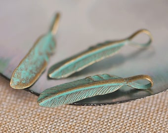 Green Verdigris Patina Feather Charm Pendants 35x7mm (#10605)/ 10pcs