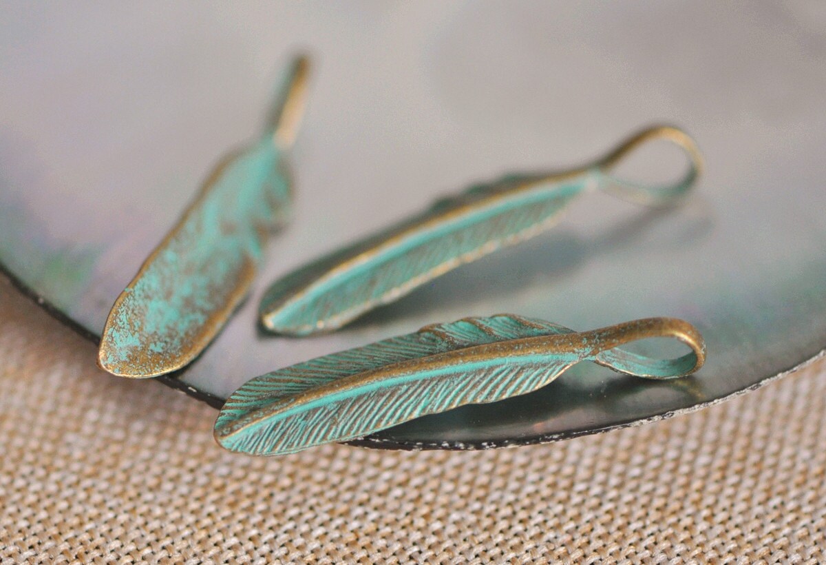 Green Verdigris Patina Feather Charm Pendants 35x7mm
