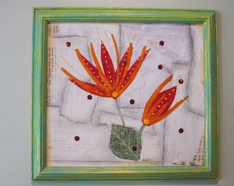 Abstract flowers collage, mixed media art, framed art