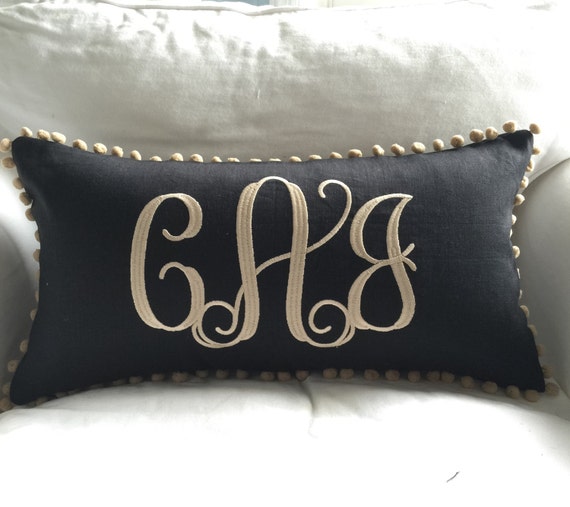 Monogrammed Linen Pom Pom Pillow Cover