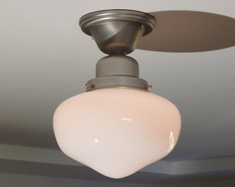 Vintage Schoolhouse Light, Vintage Opal Shade, New Satin Nickel Fixture