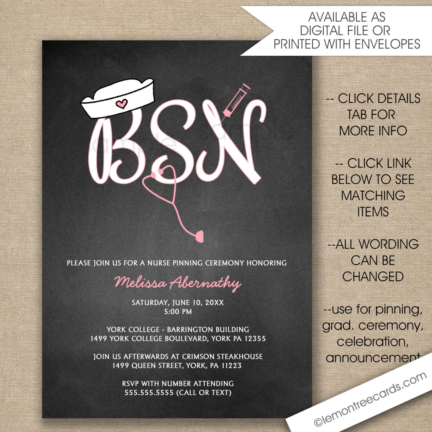 Nurse Pinning Ceremony Invitations FREE SHIPPING digital or
