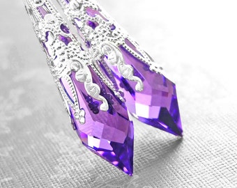 Purple Crystal Earrings Sterling Silver Earrings Swarovski Violet Purple Earrings Long Dangle Drop Earrings Crystal Amethyst Earrings