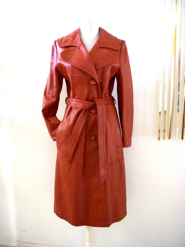 Vintage 70s Brown Leather Spy Girl Coat Rust Brown Leather