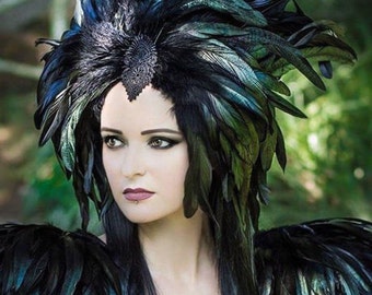 Black feather headdress / Feather crown / Headpiece with iridescent green rooster feathers / Medusa headdress / Feather turban / Burlesque