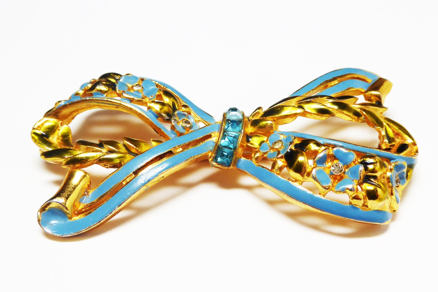 Blue Enamel Bow Brooch w Channel Set Baguettes Vintage Coro