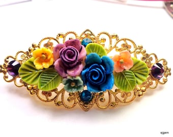 Flower Garden Crystal Barrette, Multi-Color, Rose,Vintage Style,Hair Accessories,Bride,Bridesmaid Filigree Barrette,Amethyst & Teal Crystals