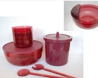 Vintage Cranberry Red Acrylic Tupperware, Huge Bowl, Ice Bucket, Salad Bowls and More, Tupperware Preludio 16 Pieces PLEASE See All Photos