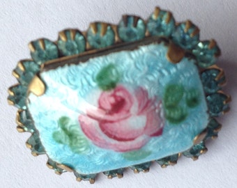 Sale Vintage Blue Guilloche Enamel Rose Rhinestone Brooch
