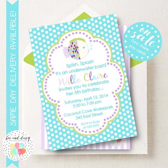 Purple Rainbow Fish Invitation, Rainbow Fish Birthday Invitation, Rainbow Fish Party, Girl First Birthday, Girl Birthday Rainbow Fish Invite Il_570xn