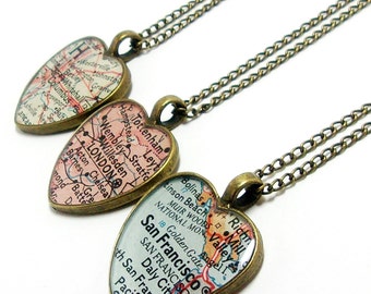 CUSTOM Heart Vintage Map Necklace. You Select Location Worldwide. One Necklace. Personlized Map Jewelry. Custom Map Heart Necklace.