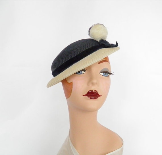 Vintage 1940s hat navy white tilt with pom by TheVintageHatShop