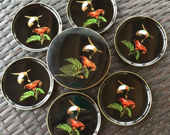 Otagiri 1980's Black Lacquerware Hummingbird and Hibiscus Round Coaster Set