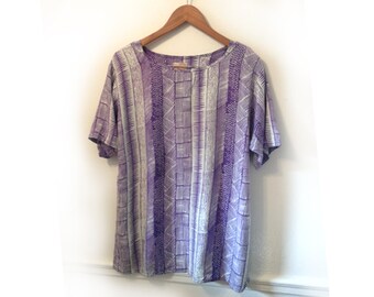 90s White and Purple Geometric Print Rayon Split Side Tunic size Medium